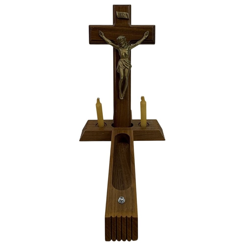 Vintage Crucifix Sick Call Set Walnut Wood Last Rights Cross Catholic INRI 13"